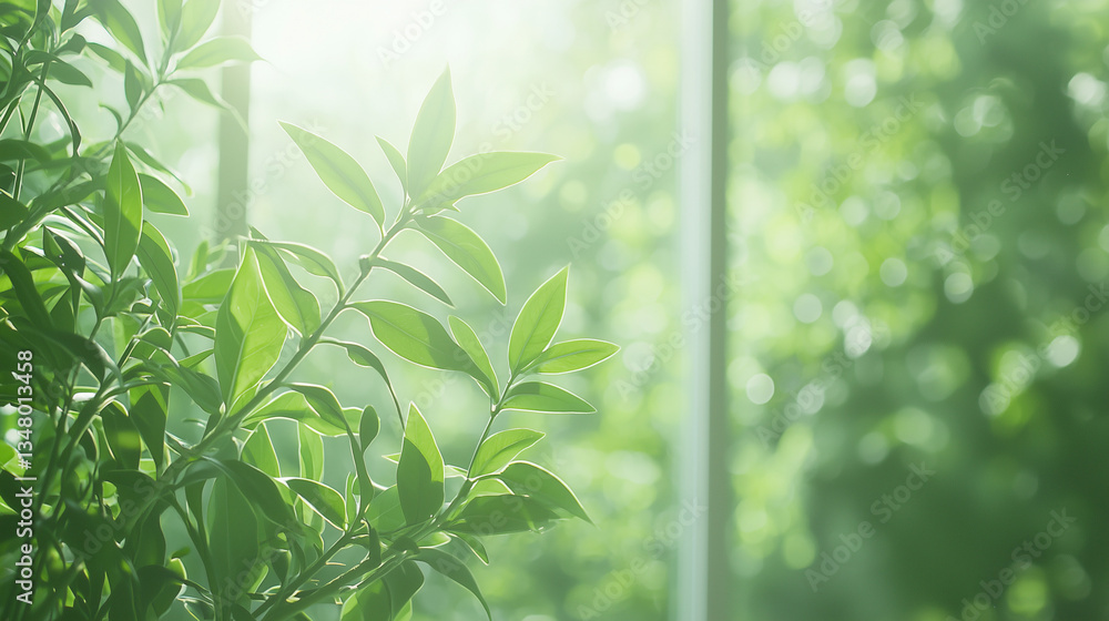 Naklejka premium Nature's Embrace: Close-up view of verdant leaves against soft daylight backdrop. Capturing the vibrant hues of the flora in a tranquil setting.