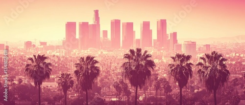 Los Angeles skyline with palm trees in the foreground