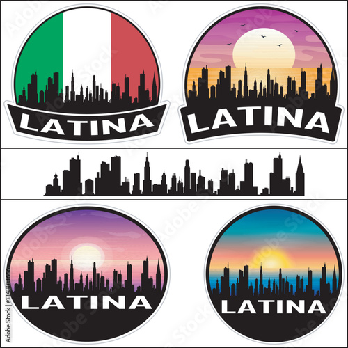 Latina Italy Flag Skyline Cityscape Silhouette Travel Souvenir Sticker Isolated Vector