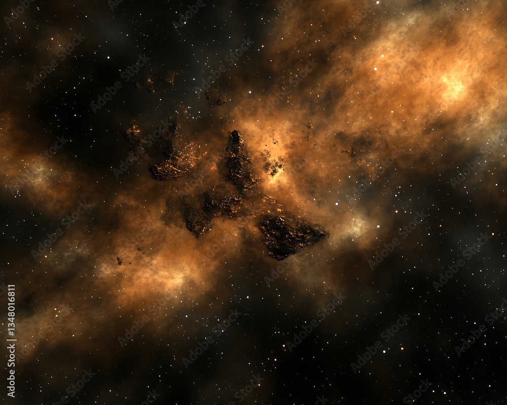 Dark space with glowing clouds and rocky asteroid structures Dark space with glowing clouds and rocky asteroid structures