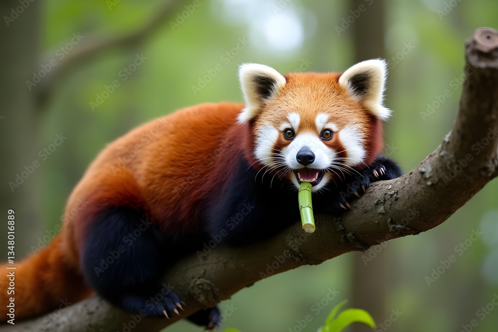 Fototapeta premium A Red Panda Relaxing on a Tree Branch While Eating Bamboo