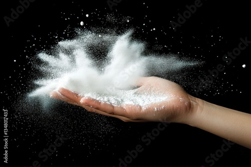 Hand Holding Flour with Flying Dust on Black Background