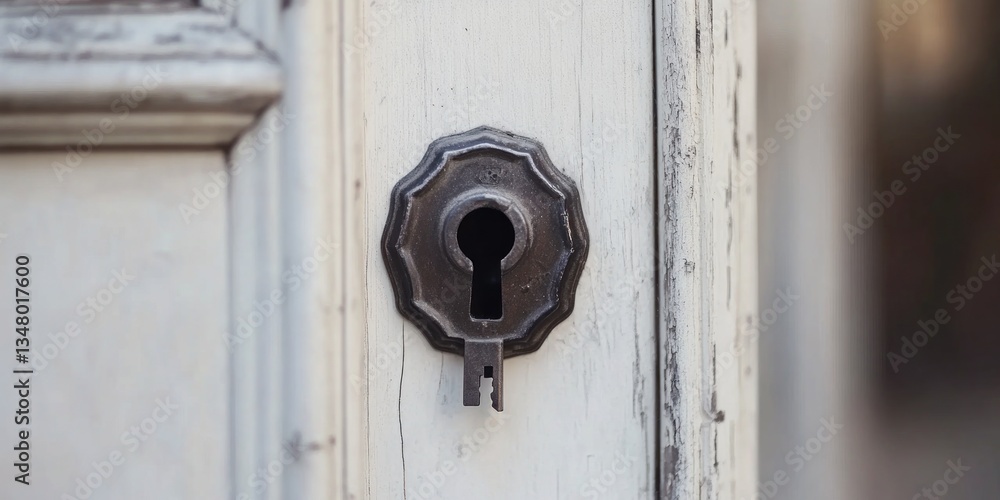 Antique Keyhole on Weathered White Door Antique Keyhole on Weathered White Door