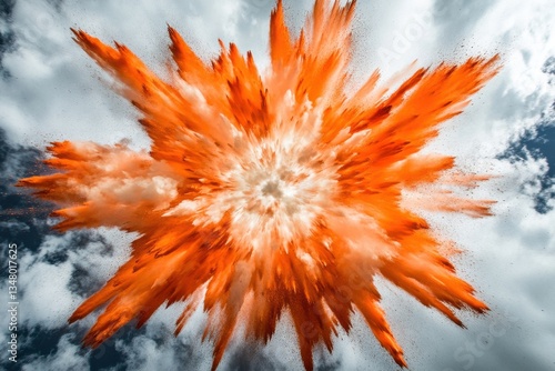 Dramatic Explosion with Orange Smoke and Dust Against Blue Sky