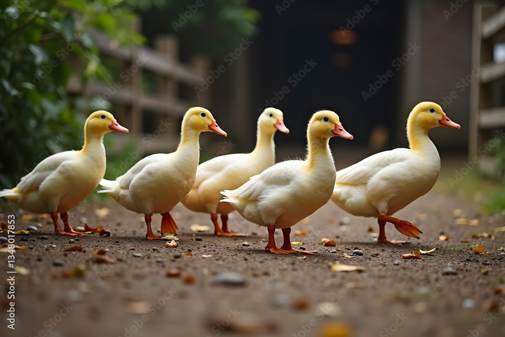 Obraz premium Group of Ducks Waddling Across a Lively Farmyard