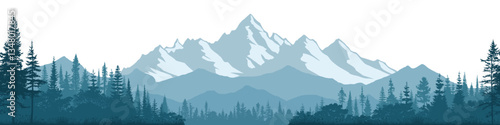 Mountain landscape with forest, morning haze, vector illustration, panoramic view