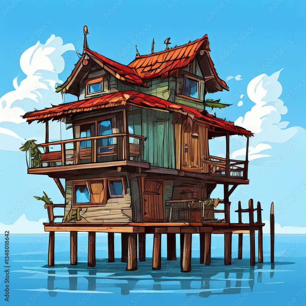 the AI Image Generator, Rustic Wooden Lake Cabin on Stilted Foundation the AI Image Generator, Rustic Wooden Lake Cabin on Stilted Foundation