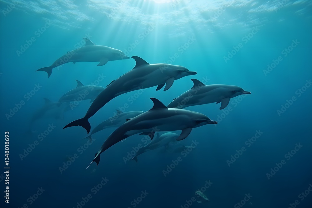 Naklejka premium Dolphins Cooperating to Skillfully Herd Fish in the Open Ocean