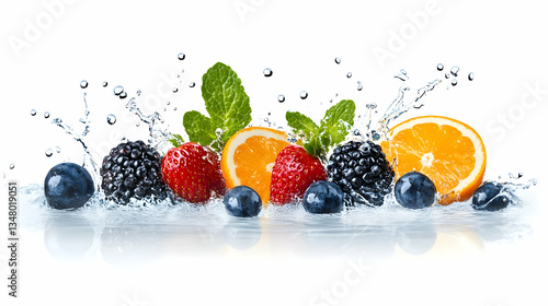 Fresh berries and lemons splashing into water