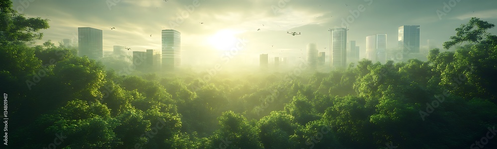 A serene view of a lush green forest with futuristic skyscrapers in the background, illuminated by a warm sun rising over the horizon.