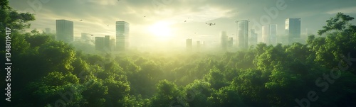 Obraz na płótnie A serene view of a lush green forest with futuristic skyscrapers in the background, illuminated by a warm sun rising over the horizon. w salonie