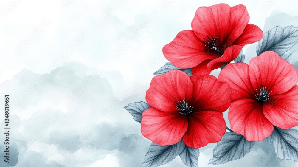 Obraz premium Watercolor painting of three red flowers with gray blue leaves against a soft gray blue watercolor background.