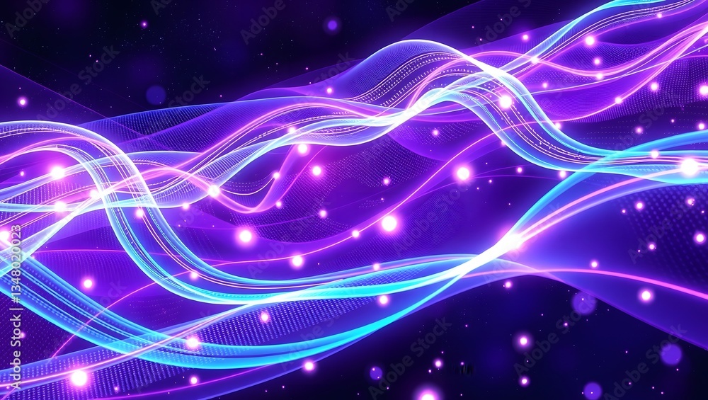 Fototapeta premium background 3d Abstract Digital Wave Background with Glowing Particles, A vibrant, abstract background featuring flowing digital waves with glowing particles against a deep purple and blue backdrop