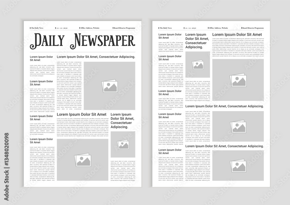 Newspaper layout template. News column articles newsprint magazine design. Brochure newspaper sheets. Editorial journal vector template design Newspaper layout template. News column articles newsprint magazine design. Brochure newspaper sheets. Editorial journal vector template design