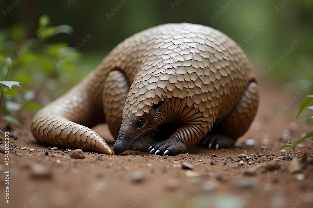 Defensive Pangolin Curling Up on a Dirt Path in the Wild Defensive Pangolin Curling Up on a Dirt Path in the Wild