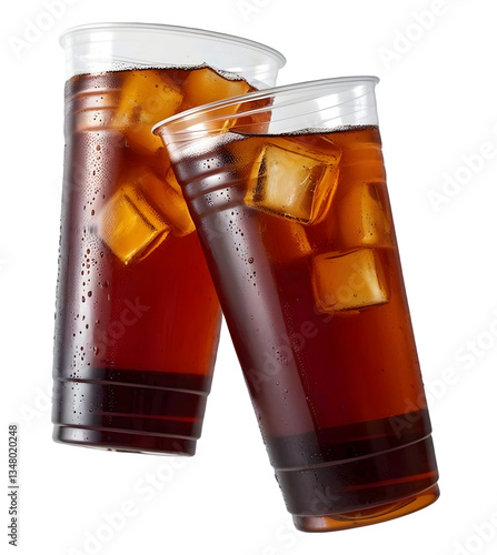 Two plastic cups filled with iced tea, featuring amber-colored liquid and ice cubes, isolated on a transparent background. The condensation on the cups enhances the refreshing appearance.