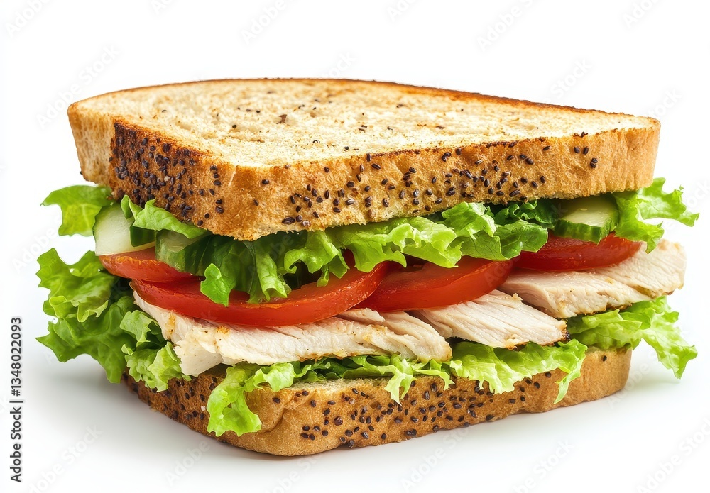 Freshly Made Sandwich with Grilled Chicken, Crisp Lettuce, Juicy Tomatoes, and Whole Wheat Bread Ideal for Healthy Lunch or Snack Inspiration Freshly Made Sandwich with Grilled Chicken, Crisp Lettuce, Juicy Tomatoes, and Whole Wheat Bread Ideal for Healthy Lunch or Snack Inspiration