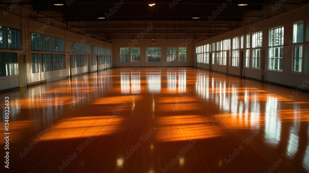 Fototapeta premium Empty large hall with wooden floor and sunlight