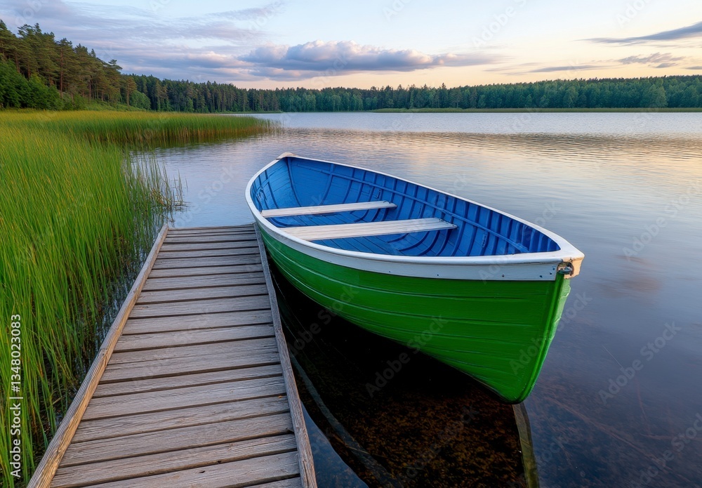 Green and blue rowboat moored at a wooden dock on a calm lake at sunset. Tall grasses line the shore. Tranquil and serene atmosphere. Green and blue rowboat moored at a wooden dock on a calm lake at sunset. Tall grasses line the shore. Tranquil and serene atmosphere.