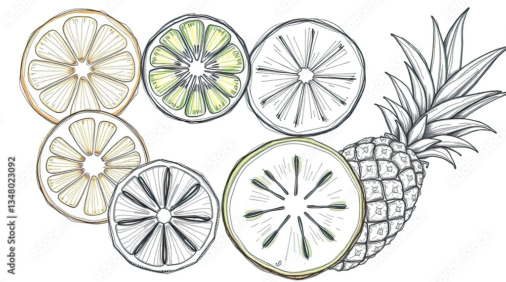 Colorful arrangement of artistic sketches showcasing sliced citrus fruits such as lemon lime and pineapple capturing their unique textures and shapes Colorful arrangement of artistic sketches showcasing sliced citrus fruits such as lemon lime and pineapple capturing their unique textures and shapes