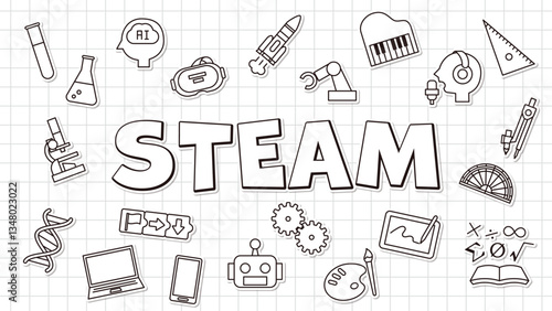 A simple and bright title design that represents STEAM education. A symbol of learning science, technology, engineering, art, and mathematics.