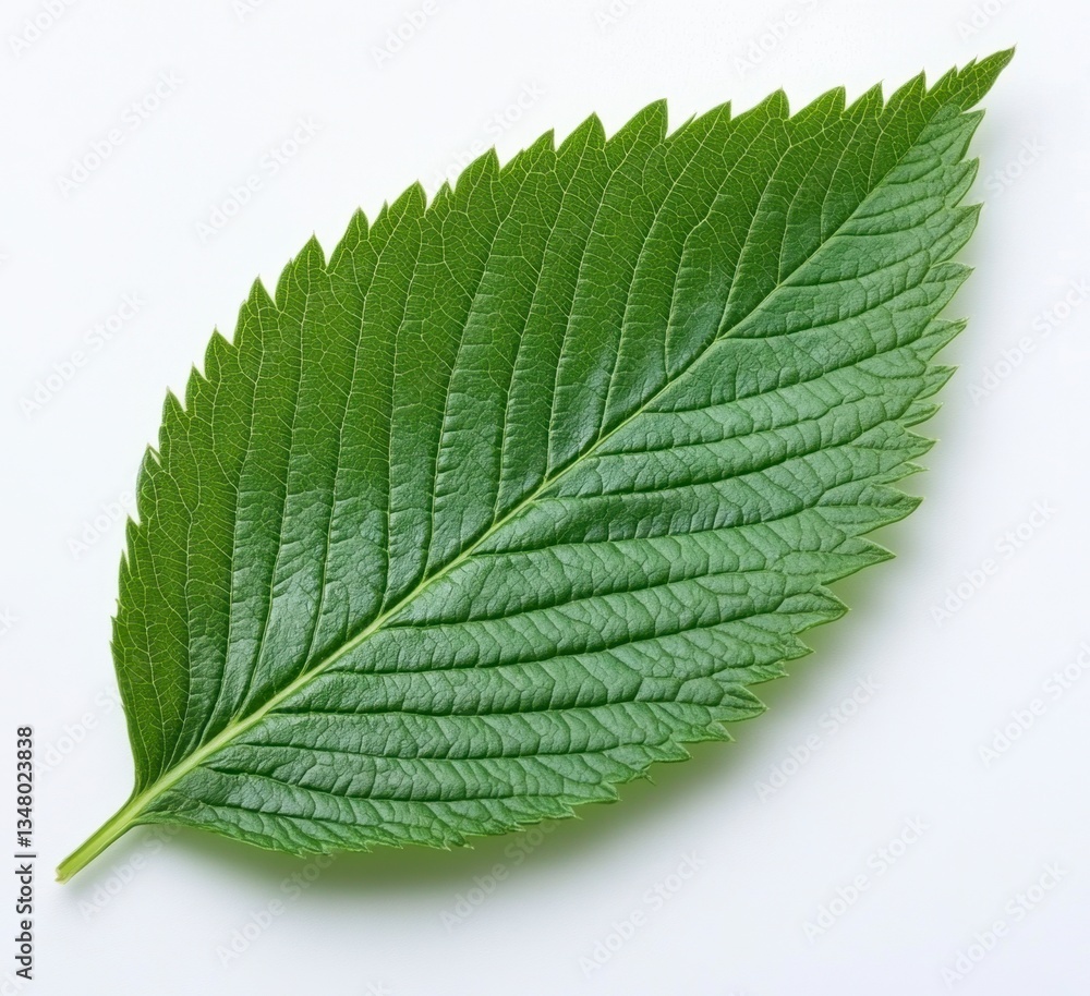 Close up view of a single, vibrant green leaf with serrated edges against a bright white background. The leaf's veins are clearly visible, showcasing intricate detail and texture. Close up view of a single, vibrant green leaf with serrated edges against a bright white background. The leaf's veins are clearly visible, showcasing intricate detail and texture.