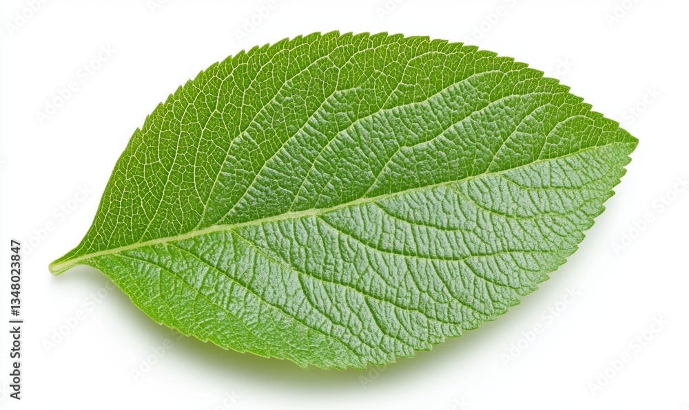 Close up view of a single, light green leaf isolated on a white background. The leaf's detailed vein structure and slightly textured surface are visible. Close up view of a single, light green leaf isolated on a white background. The leaf's detailed vein structure and slightly textured surface are visible.