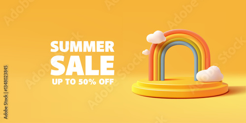 Summer sales. Yellow modern banner with an empty podium, rainbow, and clouds. For special discount advertising concepts. Vector illustration.