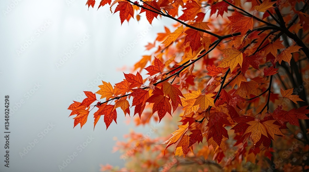 Bright orange maple leaves contrast beautifully with a soft fog creating a tranquil atmosphere in a forested area during fall mornings Bright orange maple leaves contrast beautifully with a soft fog creating a tranquil atmosphere in a forested area during fall mornings