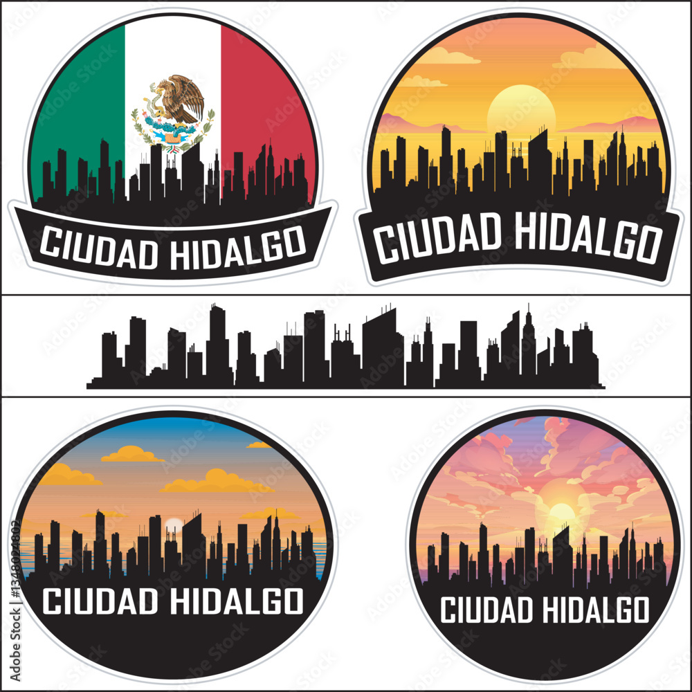 Ciudad Hidalgo Mexico Flag Skyline Cityscape Silhouette Travel Souvenir Sticker Isolated Vector