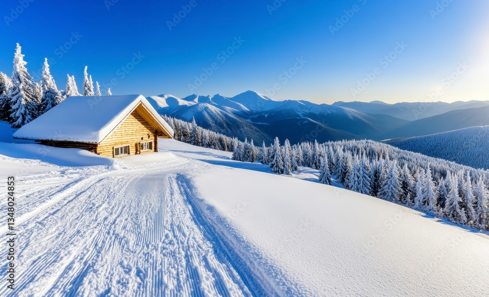 Fototapeta premium Wooden cabin nestled in a snow covered mountain landscape under a bright blue sky. The scene is peaceful and serene, with tire tracks in the fresh snow leading towards the cabin.