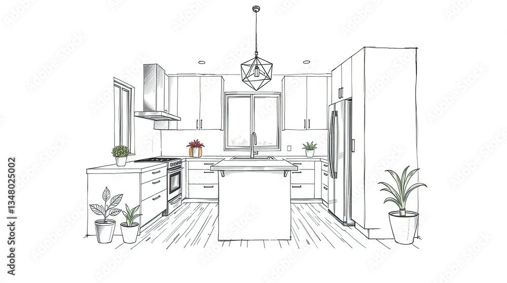Fototapeta premium Bright modern kitchen showcases a minimalist design with an island stainless steel appliances and potted plants adding a touch of nature to the space