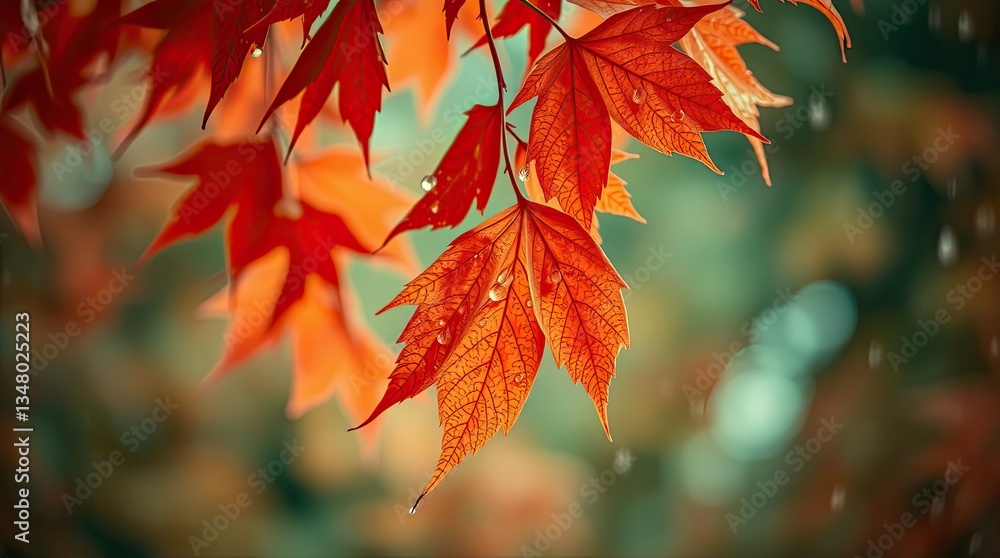 Bright orange leaves hang delicately from branches shimmering with raindrops in a peaceful forest as autumn colors transition the landscape Bright orange leaves hang delicately from branches shimmering with raindrops in a peaceful forest as autumn colors transition the landscape