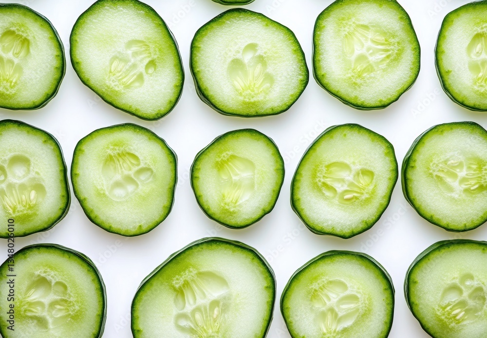 Freshly Sliced Cucumbers Arranged Harmoniously on a White Background, Showcasing Their Crisp Texture and Juicy Interior for Healthy Recipes and Culinary Use Freshly Sliced Cucumbers Arranged Harmoniously on a White Background, Showcasing Their Crisp Texture and Juicy Interior for Healthy Recipes and Culinary Use