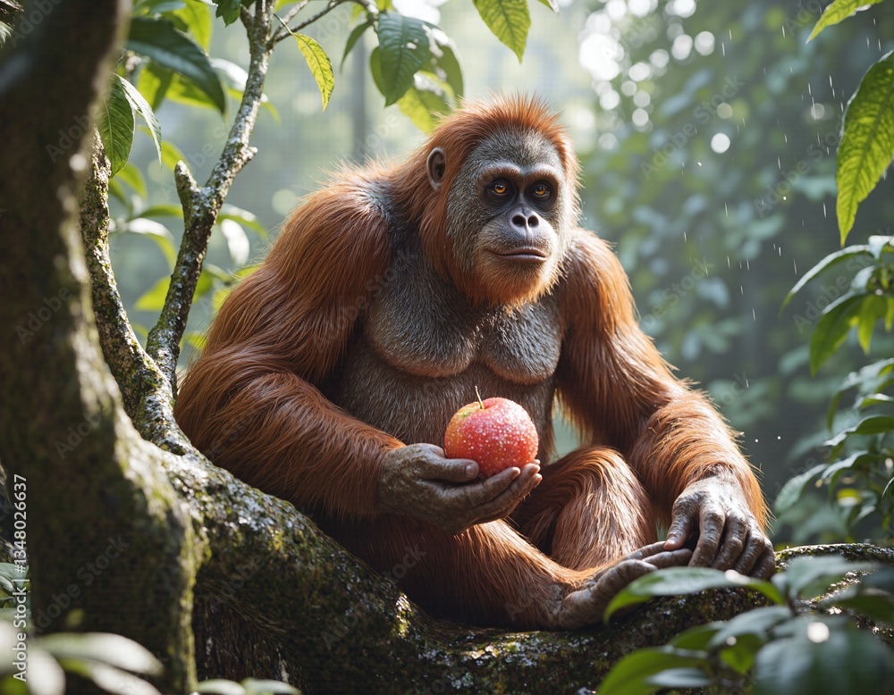 Obraz premium An orangutan enjoying an apple in a lush forest