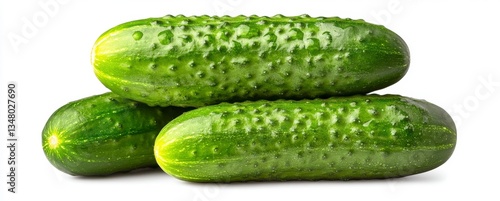Three fresh green cucumbers arranged in a stack against a white background. The cucumbers are glistening with moisture, showcasing their texture.