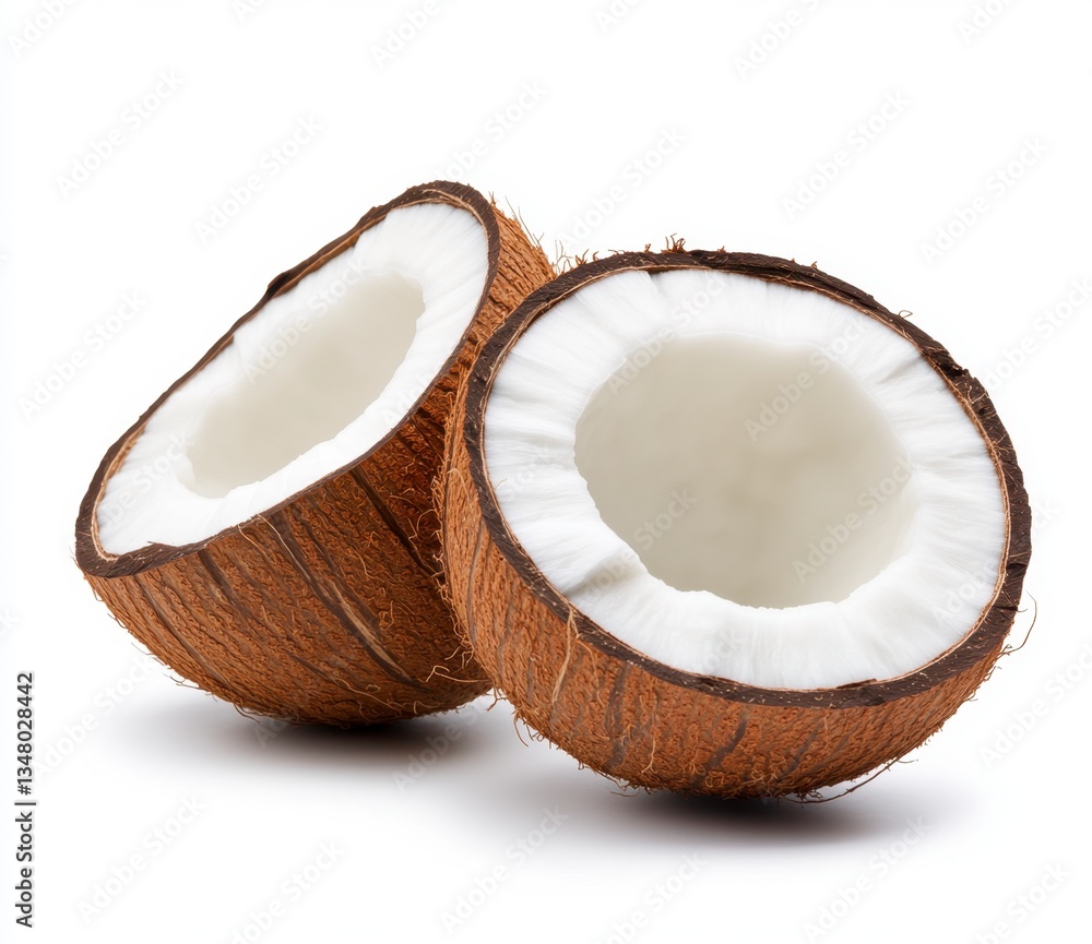 Two halves of a brown coconut with white flesh are shown against a white background. The coconuts are positioned slightly overlapping, showcasing their texture and inner flesh. Two halves of a brown coconut with white flesh are shown against a white background. The coconuts are positioned slightly overlapping, showcasing their texture and inner flesh.