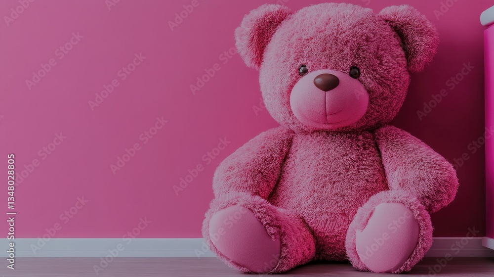 Pink teddy bear sits in pink room, advertisement Pink teddy bear sits in pink room, advertisement