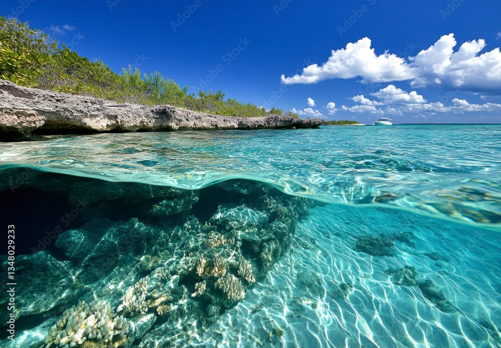 Fototapeta premium Crystal clear turquoise water reveals vibrant coral reef below a rocky shoreline, under a sunny sky with fluffy white clouds. A boat is visible in the distance.