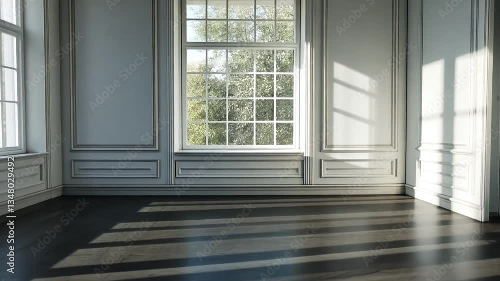 Sunlit empty room with hardwood floor, large windows, and white walls. Sunlit empty room with hardwood floor, large windows, and white walls.