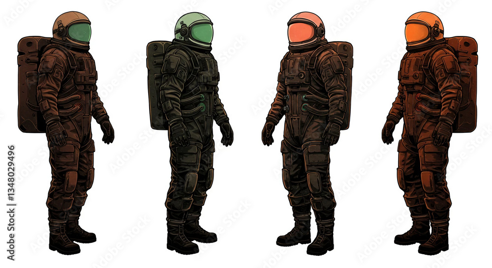 4 astronauts in spacesuits. Flat style illustration. 4 astronauts in spacesuits. Flat style illustration.