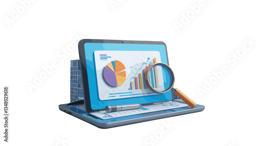 Laptop with colorful charts and graphs, magnifying glass on screen, and copy space
