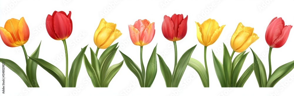 Vibrant tulips in red, yellow, and orange hues, arranged in a horizontal row against a white background. The image features eight tulips with green leaves, creating a simple and elegant floral border. Vibrant tulips in red, yellow, and orange hues, arranged in a horizontal row against a white background. The image features eight tulips with green leaves, creating a simple and elegant floral border.