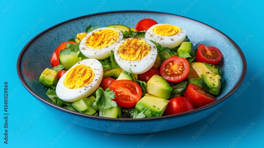Healthy and appetizing salad with hard boiled eggs, avocado, cherry tomatoes, and cucumber in a blue bowl against a light blue background. Healthy and appetizing salad with hard boiled eggs, avocado, cherry tomatoes, and cucumber in a blue bowl against a light blue background.