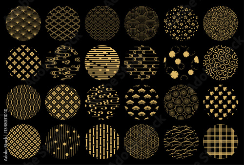 Golden Japanese patterns emblem on black, 24 types, traditional Japanese patterns, seamless vector wallpapers