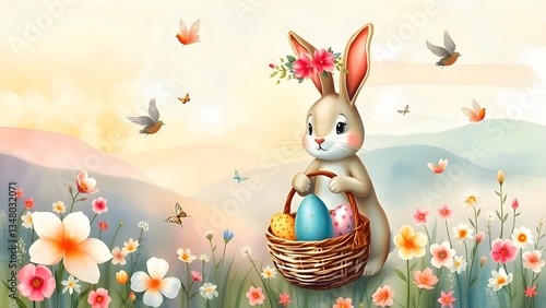 Cute Easter Bunny with Basket of Colorful Eggs in Spring Floral Background
