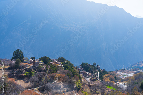 Danba County, Sichuan Province China. Zhonglu Township, Architectural Style of Jiuaju Ancient Tibetan Village. Traditional Tibetan buildings, beautiful Chinese countryside.  photo