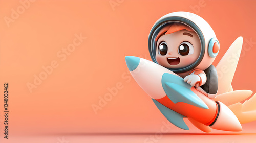 3D Render of a Cute Cartoon Child in Spacesuit Riding a Rocket
