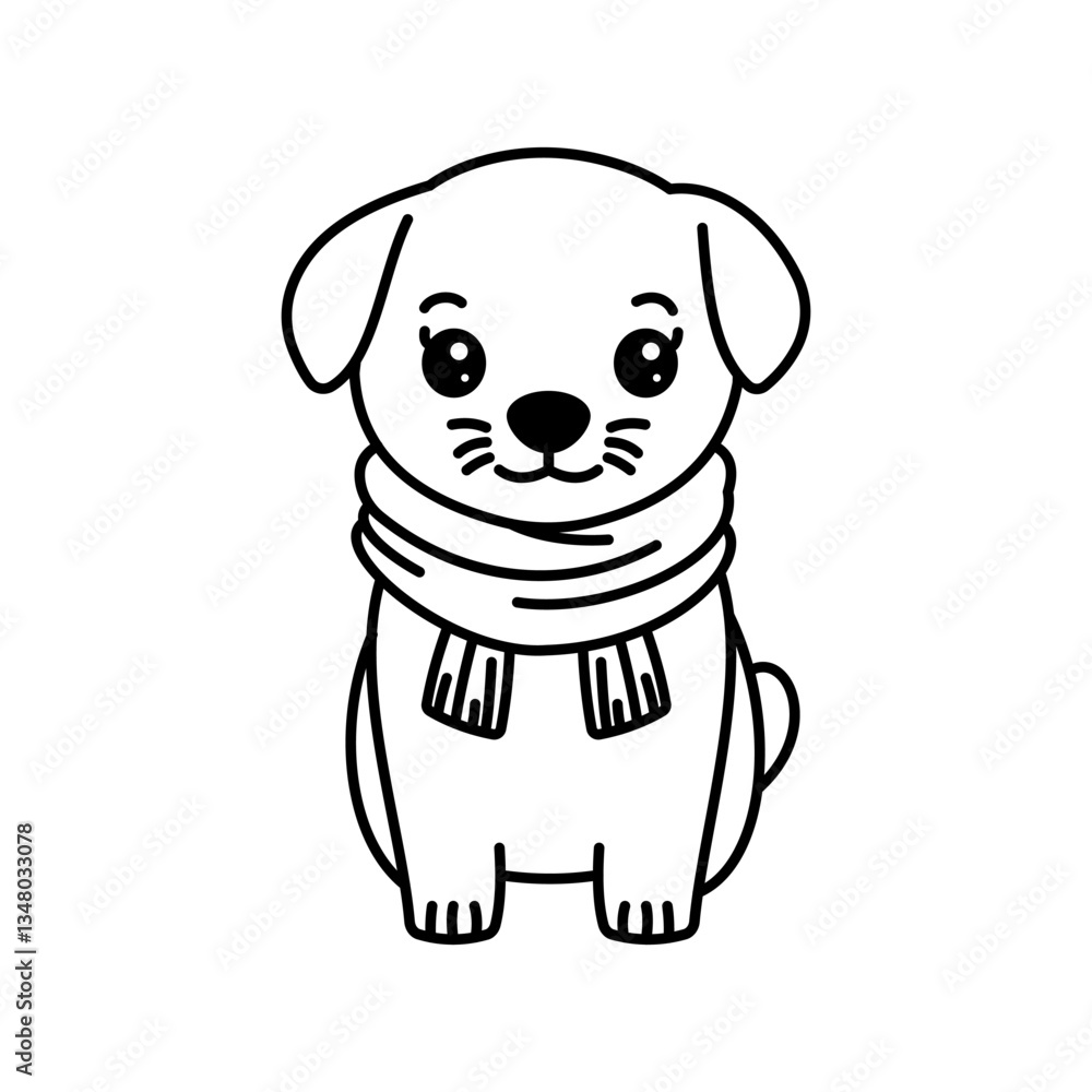 Fototapeta premium Cute Happy Puppy Little Dog Pet Animal Cartoon Character Wearing Scarf in Line Art Style