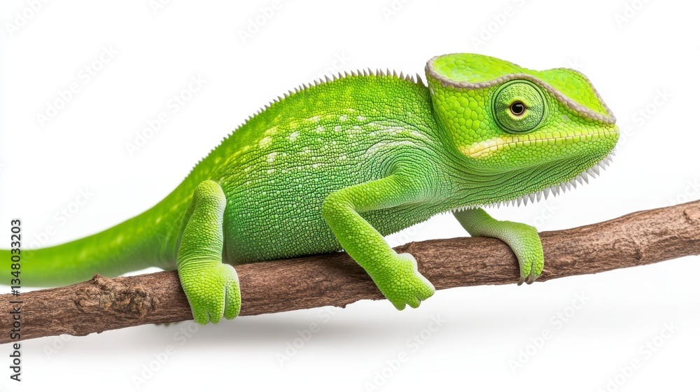 Fototapeta premium Bright green chameleon perched on a brown branch against a white background. The chameleon is in sharp focus, showcasing its detailed scales and texture.
